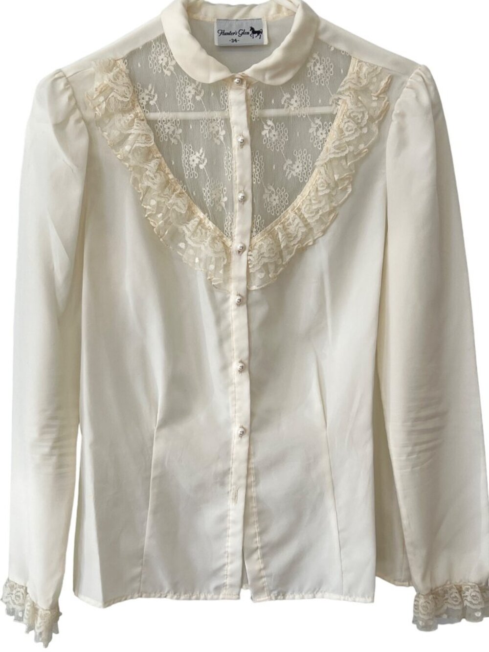 Vintage 70s Hunters Glen Top Blouse Medium Button Lace Trim Cream Victorian